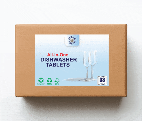 sky blue Eco-friendly dishwasher tablets in FSC-certified packaging with two clean glass cups
