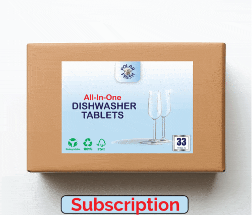 sky blue Eco-friendly dishwasher tablets in FSC-certified packaging with two clean glass cups